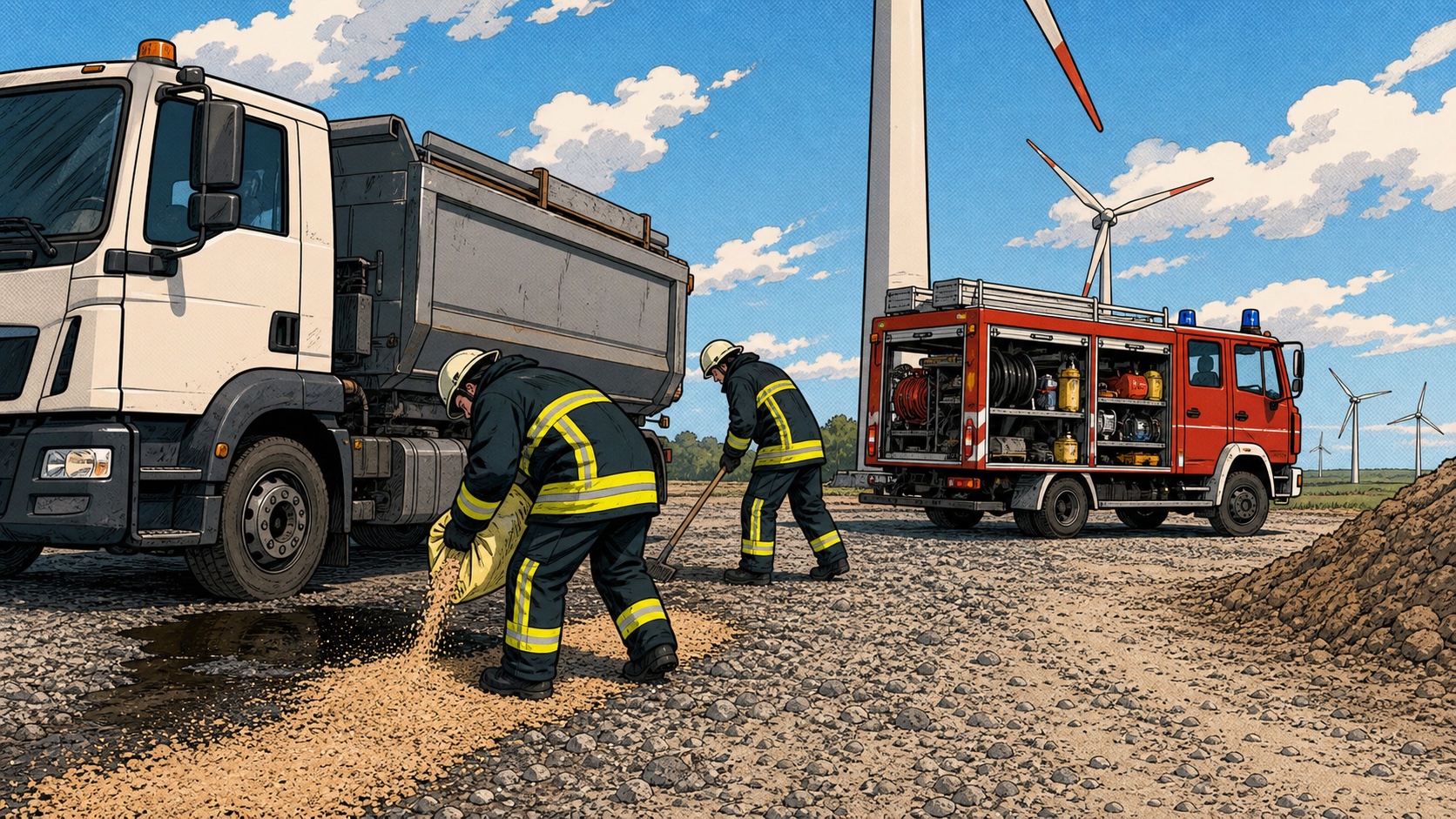 Comicartige KI-Symbolillustration von Feuerwehrkräften beim Aufbringen von Bindemittel neben einem Lastwagen im Windpark